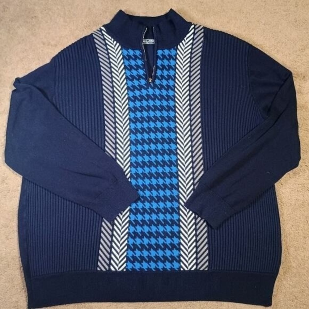 PJ Paul Jones Quarter Zip Pullover Men 2XL Houndstooth Herringbone Navy Blue
